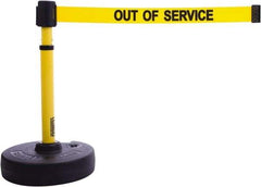 Banner Stakes - 22 to 42" High, 2-3/8" Pole Diam, Barrier Post Base & Stanchion - 9" Base Diam, Round Nylon Base, Yellow Plastic Post, 15' x 2-1/2" Tape, For Outdoor Use - USA Tool & Supply