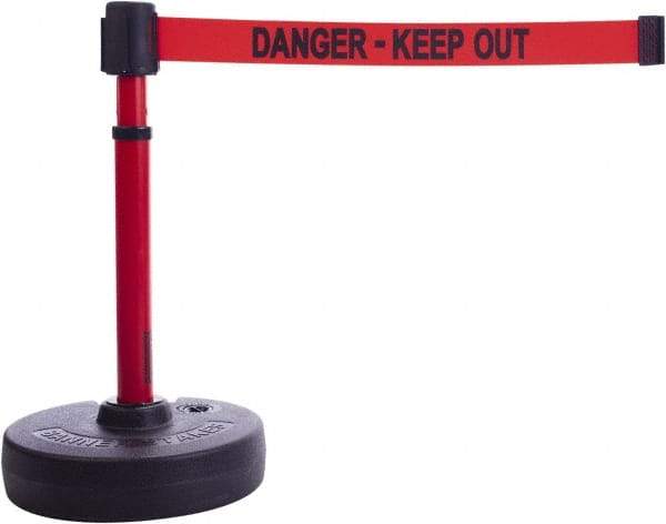 Banner Stakes - 22 to 42" High, 2-3/8" Pole Diam, Barrier Post Base & Stanchion - 9" Base Diam, Round Nylon Base, Red Plastic Post, 15' x 2-1/2" Tape, For Outdoor Use - USA Tool & Supply