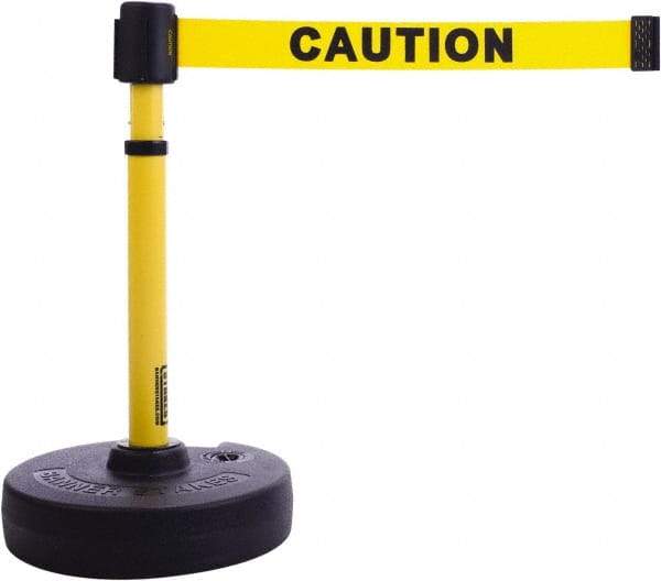 Banner Stakes - 22 to 42" High, 2-3/8" Pole Diam, Barrier Post Base & Stanchion - 9" Base Diam, Round Nylon Base, Yellow Plastic Post, 15' x 2-1/2" Tape, For Outdoor Use - USA Tool & Supply