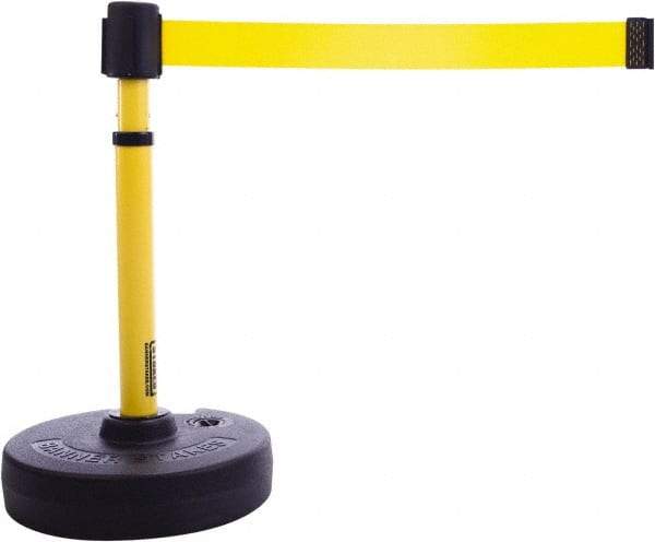 Banner Stakes - 22 to 42" High, 2-3/8" Pole Diam, Barrier Post Base & Stanchion - 9" Base Diam, Round Nylon Base, Yellow Plastic Post, 15' x 2-1/2" Tape, For Outdoor Use - USA Tool & Supply