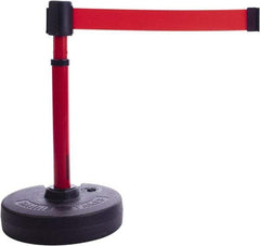 Banner Stakes - 22 to 42" High, 2-3/8" Pole Diam, Barrier Post Base & Stanchion - 9" Base Diam, Round Nylon Base, Red Plastic Post, 15' x 2-1/2" Tape, For Outdoor Use - USA Tool & Supply