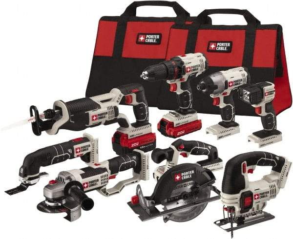 Porter-Cable - 20 Volt Cordless Tool Combination Kit - Includes 1/2" Drill/Driver, 1/4" Impact Driver, 6-1/2" Circular Saw, Reciprocating Tiger Saw, Jig Saw, Oscillating Multi-Tool, Cut-Off Tool/Grinder & Flashlight, Lithium-Ion Battery Included - USA Tool & Supply