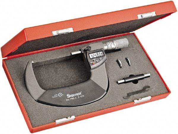 Starrett - 3 to 4" Range, Standard Throat IP67 Electronic Outside Micrometer - Friction Thimble, Carbide Face, CR2032 Battery - USA Tool & Supply