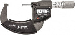 Starrett - 1 to 2" Range, Standard Throat IP67 Electronic Outside Micrometer - Friction Thimble, Carbide Face, CR2032 Battery - USA Tool & Supply