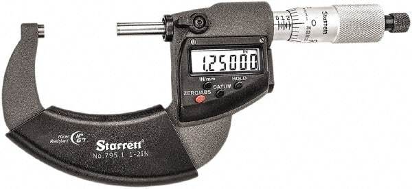 Starrett - 1 to 2" Range, Standard Throat IP67 Electronic Outside Micrometer - Ratchet Stop Thimble, Carbide Face, CR2032 Battery - USA Tool & Supply