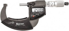 Starrett - 1 to 2" Range, Standard Throat IP67 Electronic Outside Micrometer - Ratchet Stop Thimble, Carbide Face, CR2032 Battery - USA Tool & Supply