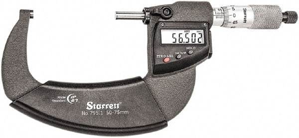 Starrett - Standard Throat IP67 Electronic Outside Micrometer - Ratchet Stop Thimble, Carbide Face, CR2032 Battery - USA Tool & Supply