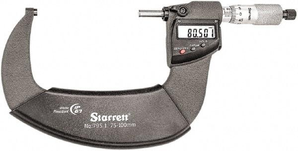 Starrett - Standard Throat IP67 Electronic Outside Micrometer - Ratchet Stop Thimble, Carbide Face, CR2032 Battery - USA Tool & Supply