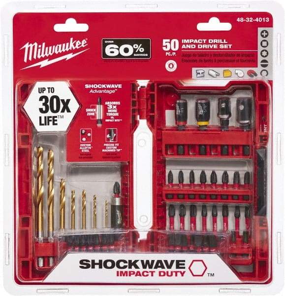 Milwaukee Tool - Impact Ready Accessory Set - 1/16 to 1/4" Hex, #1, #2, 1/4" Hex Drive, Phillips, Slotted, Torx, Square Point - USA Tool & Supply