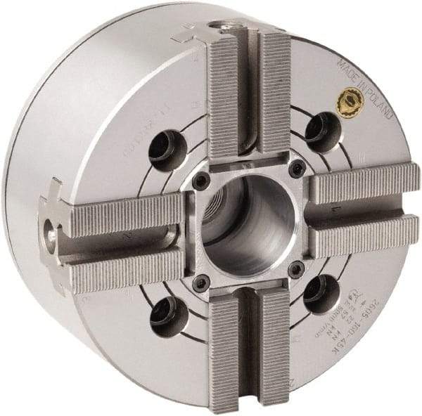 Bison - 4 Jaw, 8.26" Chuck Diam, Plain Back Mount, 52mm Through Hole Diam, Drawtube Hydraulic Power Lathe Chuck - 1.5mm x 60° Serrated Jaw Interface, 0.6299 to 7.874" Jaw Capacity, 4,300 RPM, High Speed Steel Body - USA Tool & Supply