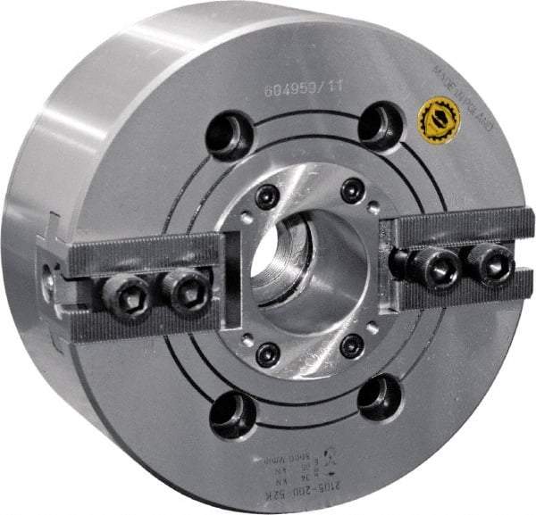 Bison - 2 Jaw, 6.65" Chuck Diam, Plain Back Mount, 45mm Through Hole Diam, Drawtube Hydraulic Power Lathe Chuck - 1.5mm x 60° Serrated Jaw Interface, 0.5905 to 6.7716" Jaw Capacity, 6,000 RPM, High Speed Steel Body - USA Tool & Supply