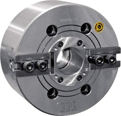 Bison - 2 Jaw, 6.65" Chuck Diam, Plain Back Mount, 45mm Through Hole Diam, Drawtube Hydraulic Power Lathe Chuck - 1.5mm x 60° Serrated Jaw Interface, 0.5905 to 6.7716" Jaw Capacity, 6,000 RPM, High Speed Steel Body - USA Tool & Supply