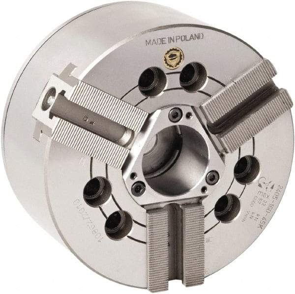 Bison - 3 Jaw, 5.31" Chuck Diam, Plain Back Mount, 34mm Through Hole Diam, Drawtube Hydraulic Power Lathe Chuck - 1.5mm x 60° Serrated Jaw Interface, 0.3149 to 5.3149" Jaw Capacity, 7,000 RPM, High Speed Steel Body - USA Tool & Supply