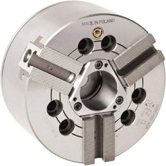 Bison - 3 Jaw, 8.26" Chuck Diam, Plain Back Mount, 52mm Through Hole Diam, Drawtube Hydraulic Power Lathe Chuck - 1.5mm x 60° Serrated Jaw Interface, 0.6299 to 7.874" Jaw Capacity, 5,000 RPM, High Speed Steel Body - USA Tool & Supply