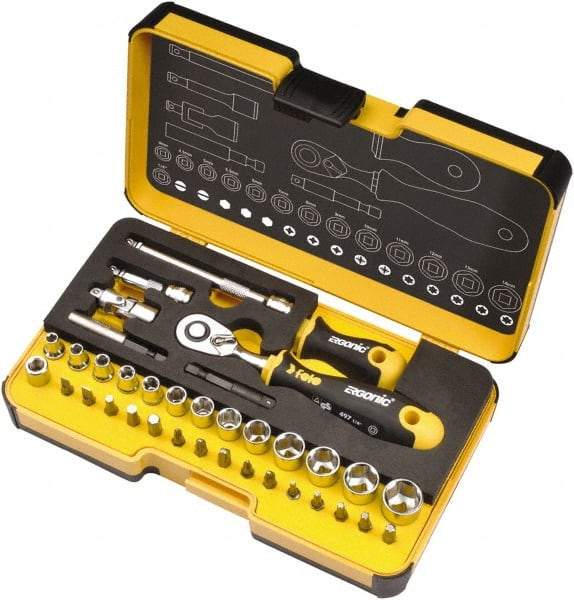 Felo - 36 Piece 1/4" Drive Ratchet Socket Set - Comes in Strongbox Case - USA Tool & Supply