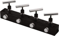 Value Collection - 3/8" Inlet, 3/8" Outlet Manifold with Four Needle Valves - 12" Long x 1.62" Wide x 4.13" High, 0.28" Mount Hole, 212°F Max, 10,000 Max PSI, 4 Inlet Ports, 4 Outlet Ports - USA Tool & Supply