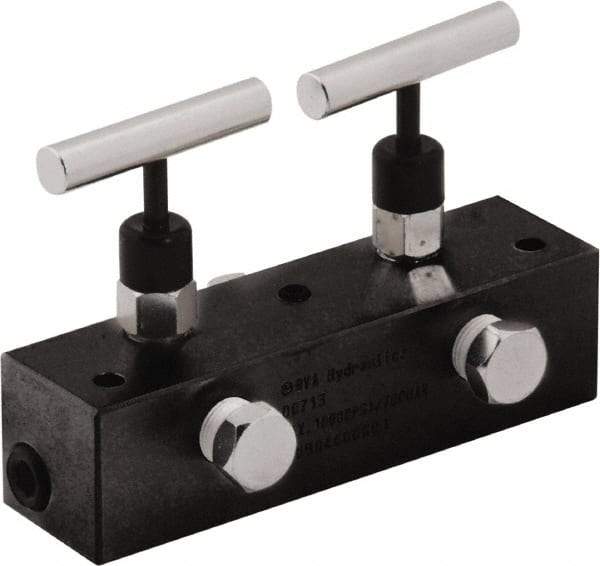 Value Collection - 3/8" Inlet, 3/8" Outlet Manifold with Two Needle Valves - 6" Long x 1-5/8" Wide x 4.13" High, 0.28" Mount Hole, 212°F Max, 10,000 Max PSI, 2 Inlet Ports, 2 Outlet Ports - USA Tool & Supply