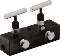 Value Collection - 3/8" Inlet, 3/8" Outlet Manifold with Two Needle Valves - 6" Long x 1-5/8" Wide x 4.13" High, 0.28" Mount Hole, 212°F Max, 10,000 Max PSI, 2 Inlet Ports, 2 Outlet Ports - USA Tool & Supply