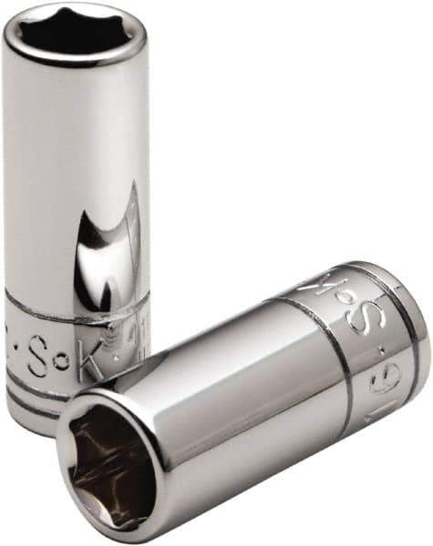 SK - 9/16", 1/4" Drive, Deep Hand Socket - 6 Points, Steel, Chrome Finish - USA Tool & Supply