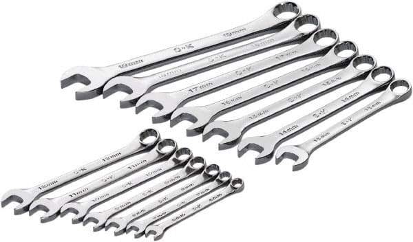 SK - 14 Piece, 6mm to 19mm, 12 Point Combination Wrench Set - Metric Measurement Standard, Full Polish Chrome Finish, Comes in Roll-Up Pouch - USA Tool & Supply