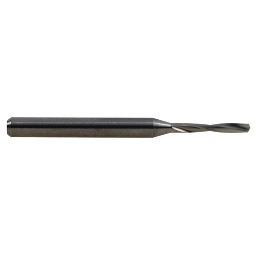 0.35 mm Dia. × 3 mm Shank × 4.8 mm Flute Length × 38 mm OAL, 14xD, 135°, Uncoated, 2 Flute, External, Round Solid Carbide Drill