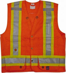 Viking - Size L High Visibility Orange Solid Surveyor's Vest - 43" Chest, CSA Z96-09 Class 2, Level 2, ANSI 107-2010 Class 2, Level 2, Snaps Closure, 8 Pockets, Polyester - USA Tool & Supply