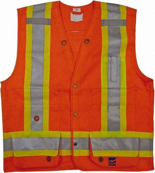 Viking - Size S High Visibility Orange Solid Surveyor's Vest - 37" Chest, CSA Z96-09 Class 2, Level 2, ANSI 107-2010 Class 2, Level 2, Snaps Closure, 8 Pockets, Polyester - USA Tool & Supply