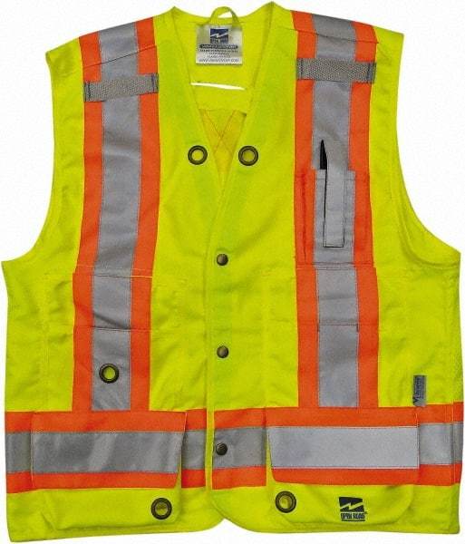 Viking - Size 4XL High Visibility Lime Solid Surveyor's Vest - 58" Chest, CSA Z96-09 Class 2, Level 2, ANSI 107-2010 Class 2, Level 2, Snaps Closure, 8 Pockets, Polyester - USA Tool & Supply