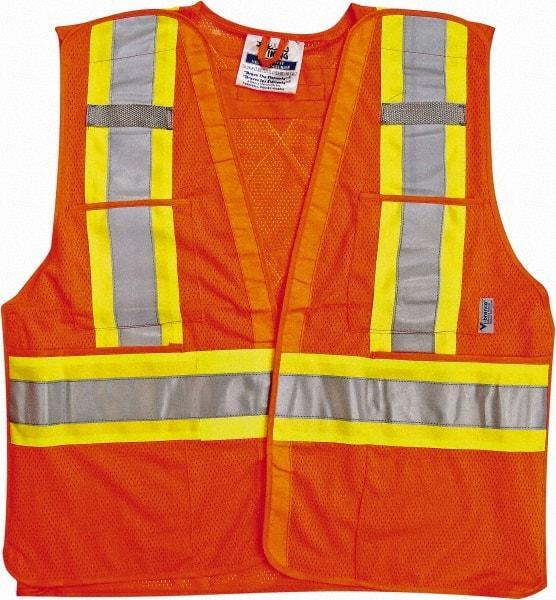 Viking - Size 4X/5XL High Visibility Orange Mesh Breakaway Vest - 58 to 60" Chest, ANSI 107-2010 Class 2, Level 2, Hook & Loop Closure, 4 Pockets, Polyester - USA Tool & Supply