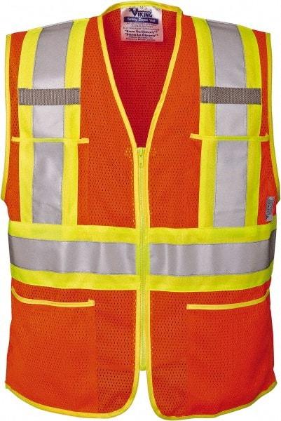 Viking - Size 3XL High Visibility Orange Mesh Public Safety Vest - 55" Chest, ANSI 107-2010 Class 2, Level 2, Zipper Closure, 4 Pockets, Polyester - USA Tool & Supply