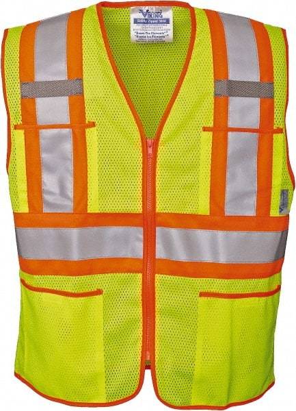 Viking - Size L High Visibility Lime Mesh Public Safety Vest - 43" Chest, ANSI 107-2010 Class 2, Level 2, Zipper Closure, 4 Pockets, Polyester - USA Tool & Supply