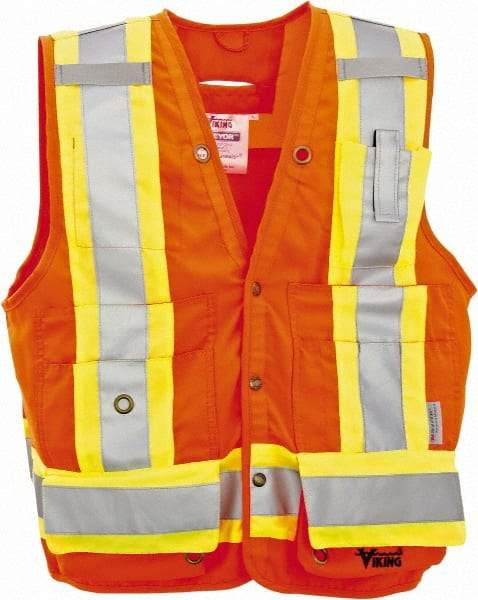 Viking - Size S High Visibility Orange Solid Surveyor's Vest - 37" Chest, Snaps Closure, 13 Pockets, Polyester - USA Tool & Supply