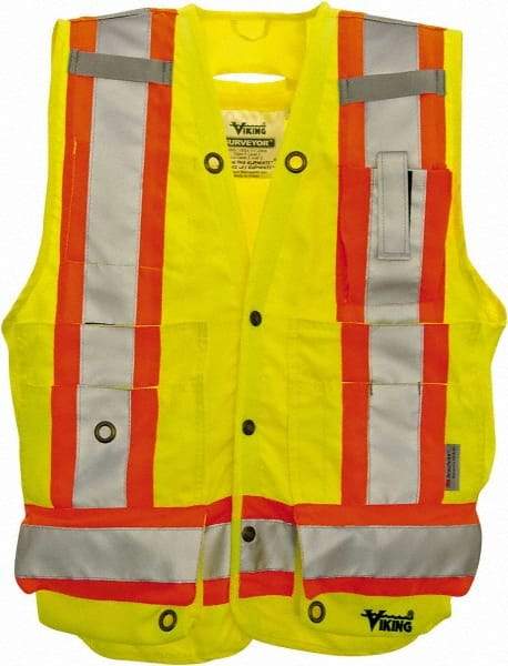 Viking - Size XL High Visibility Lime Solid Surveyor's Vest - 47" Chest, Snaps Closure, 13 Pockets, Polyester - USA Tool & Supply