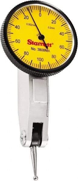 Starrett - 0.2 mm Range, 0.002 mm Dial Graduation, Horizontal Dial Test Indicator - 1-1/4 Inch Yellow Dial, 0-100-0 Dial Reading - USA Tool & Supply