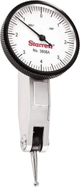Starrett - 0.008 Inch Range, 0.0001 Inch Dial Graduation, Horizontal Dial Test Indicator - 1-1/4 Inch White Dial, 0-4-0 Dial Reading - USA Tool & Supply