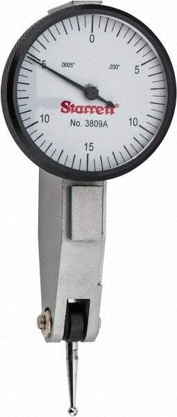 Starrett - 0.03 Inch Range, 0.0005 Inch Dial Graduation, Horizontal Dial Test Indicator - 1-1/4 Inch White Dial, 0-15-0 Dial Reading - USA Tool & Supply