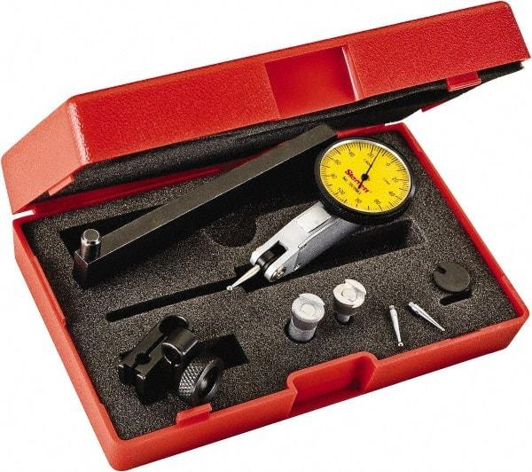 Starrett - 0.2 mm Range, 0.002 mm Dial Graduation, Horizontal Dial Test Indicator - 1-1/4 Inch Yellow Dial, 0-100-0 Dial Reading - USA Tool & Supply