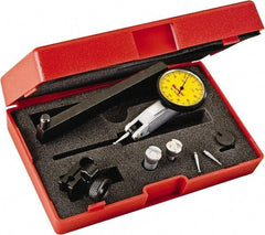 Starrett - 0.2 mm Range, 0.002 mm Dial Graduation, Horizontal Dial Test Indicator - 1-1/4 Inch Yellow Dial, 0-100-0 Dial Reading - USA Tool & Supply
