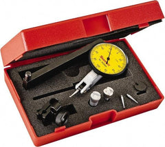 Starrett - 0.2 mm Range, 0.002 mm Dial Graduation, Horizontal Dial Test Indicator - 1-9/16 Inch Yellow Dial, 0-100-0 Dial Reading - USA Tool & Supply