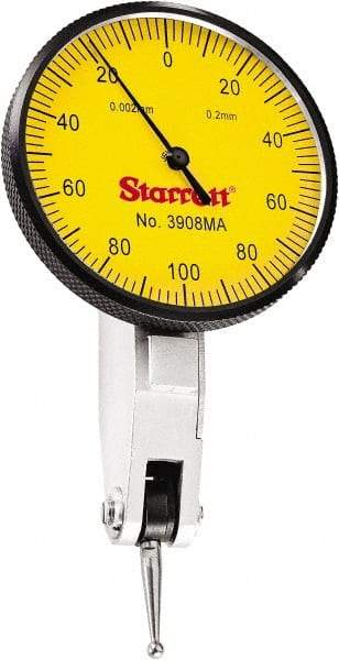 Starrett - 0.2 mm Range, 0.002 mm Dial Graduation, Horizontal Dial Test Indicator - 1-9/16 Inch Yellow Dial, 0-100-0 Dial Reading - USA Tool & Supply