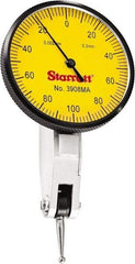 Starrett - 0.2 mm Range, 0.002 mm Dial Graduation, Horizontal Dial Test Indicator - 1-9/16 Inch Yellow Dial, 0-100-0 Dial Reading - USA Tool & Supply