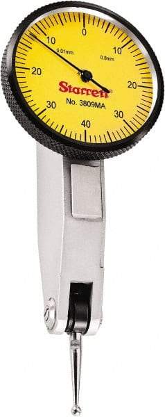 Starrett - 0.8 mm Range, 0.01 mm Dial Graduation, Horizontal Dial Test Indicator - 1-1/4 Inch Yellow Dial, 0-40-0 Dial Reading - USA Tool & Supply