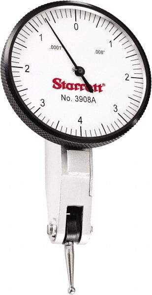 Starrett - 0.008 Inch Range, 0.0001 Inch Dial Graduation, Horizontal Dial Test Indicator - 1-9/16 Inch White Dial, 0-4-0 Dial Reading - USA Tool & Supply