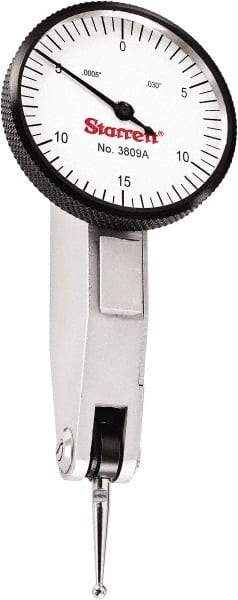 Starrett - 0.03 Inch Range, 0.0005 Inch Dial Graduation, Horizontal Dial Test Indicator - 1-9/16 Inch White Dial, 0-15-0 Dial Reading - USA Tool & Supply