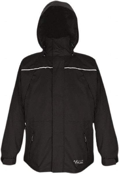 Viking - Size XL, Black, Waterproof, Wind Resistant Jacket - 47" Chest, 5 Pockets, Detachable, Packable Hood, Hook & Loop Wrist - USA Tool & Supply