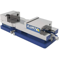 Kurt - 4" Jaw Width, 6-1/2" Jaw Opening Capacity, Horizontal Stationary Machine Vise - Reverse Manual Operation, 60 Lb Capacity, 1 Station, 14.56" Long x 84.47mm High x 1-15/64" Deep, 1.235" Jaw Height, 7,500 Lb Max Clamp Force, Ductile Iron - USA Tool & Supply