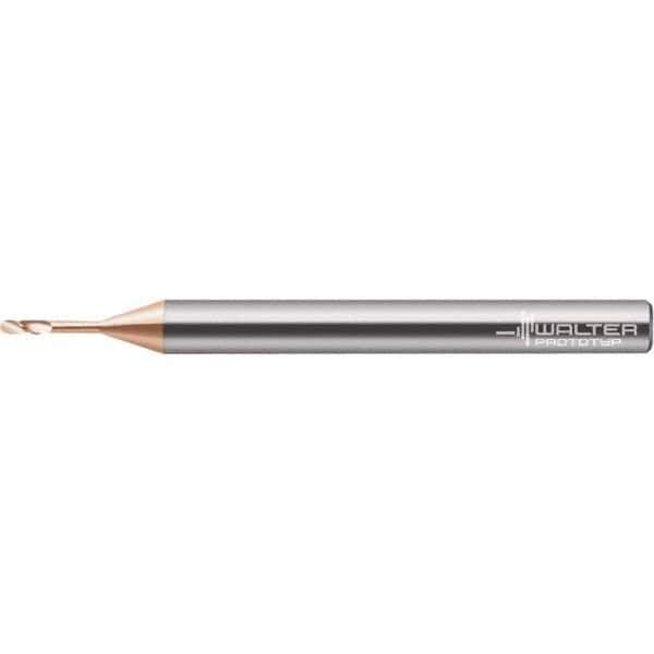 Walter-Prototyp - 0.5mm Diam, 0.4mm LOC, 2 Flute Solid Carbide Ball End Mill - AlTiN Finish, Single End, 38mm OAL, 4mm Shank Diam, Spiral Flute - USA Tool & Supply