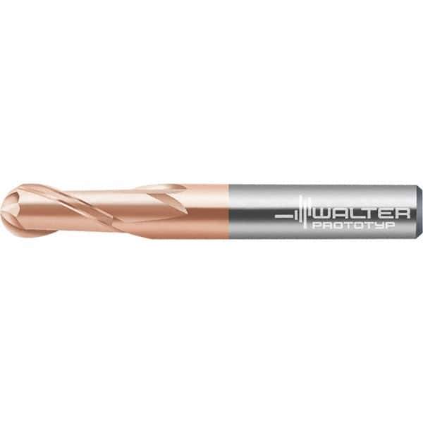 Walter-Prototyp - 4mm Diam, 3.2mm LOC, 2 Flute Solid Carbide Ball End Mill - AlTiN Finish, Single End, 57mm OAL, 6mm Shank Diam, Spiral Flute - USA Tool & Supply