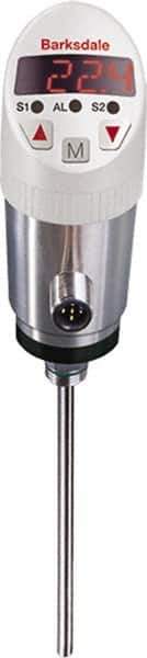 Barksdale - 32 to 210°F Electronic Temperature Switch and Transducer with Display - 1/4" NPT Male, 0.24 x 0.7" Rigid Stem, 4-20mA, M12, 304 Stainless Steel, ±0.5% - USA Tool & Supply