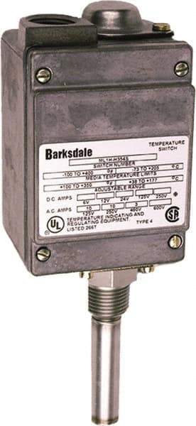 Barksdale - 100 to 225°F Local Mount Temperature Switch - 1/2" NPT, 9/16 x 2-25/32 Rigid Stem, Brass, ±1% of mid-60% of F.S. - USA Tool & Supply